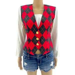 Positive Attitude US 4 American VINTAGE 80s Red Argyle Plaid Dicky Bib Vest Top